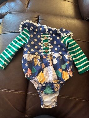Navy Floral & Polka Dot Baby Romper with Green Striped Sleeves